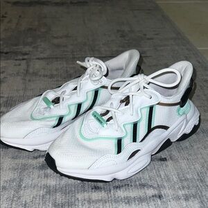 Adidas White Sneakers with Green and Black Stripes